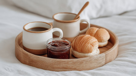 A warm, inviting breakfast scene featuring coffee, flaky croissants, and rich jam artistically arranged on a wooden tray, perfect for a cozy morning.の素材