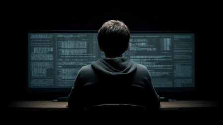 A person in a hoodie is focused on a glowing computer screen displaying code and data in a dark room, highlighting the themes of technology and cybersecurity.の素材