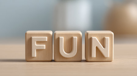 Bright and cheerful wooden blocks arranged to spell the word "FUN," perfect for capturing the essence of playfulness, learning, and creativity in any setting.の素材