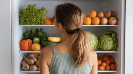A woman stands before an open refrigerator, exploring a variety of healthy fruits and vegetables. This image emphasizes nutrition and promotes a wholesome lifestyle choice.の素材