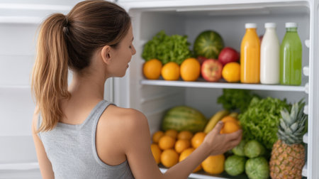 A young woman stands in front of an organized refrigerator, selecting fresh fruits and vegetables for a healthy meal prep, showcasing vibrant and nutritious choices.の素材
