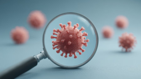 This image showcases a virus particle enlarged through a magnifying glass, emphasizing intricate details relevant for scientific study, health education, and research purposes.の素材