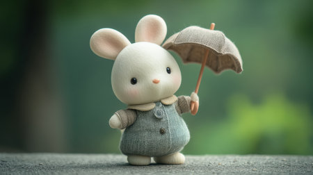 This delightful plush bunny doll holds a tiny umbrella, showcasing a charming design and soft fabric. Perfect for adding a whimsical touch to any decor or collection.の素材