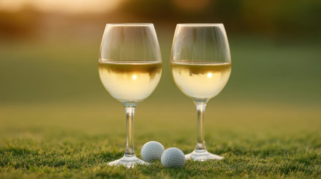 This beautiful image captures two wine glasses filled with sparkling white wine, placed beside golf balls on vibrant green grass at sunset, creating a perfect leisure moment.の素材