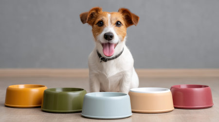A cheerful dog sits in front of colorful bowls, creating a joyful atmosphere perfect for pet lovers. This image captures the essence of meal time fun in a cozy setting.の素材