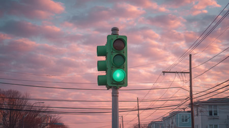 A vibrant green traffic light illuminates an urban street during sunset, creating a striking visual effect against a colorful and cloud-filled sky.の素材