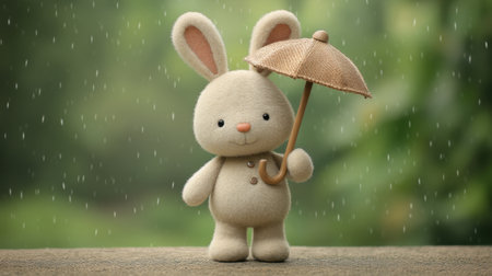 A charming plush rabbit character with a cute umbrella stands on a soft surface, perfectly capturing the joyful spirit of rainy days in a whimsical and colorful setting.の素材