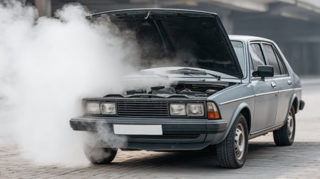 An old vintage sedan sits on an urban street with smoke pouring from its open hood, portraying a scene of mechanical failure and the need for repair.の素材