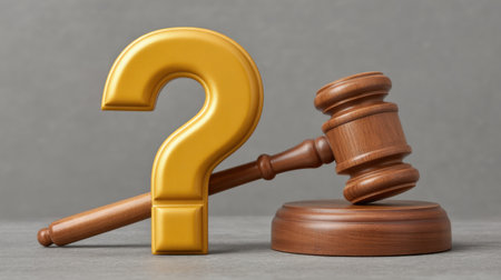 A striking image featuring a golden question mark beside a wooden gavel, representing the complexities of legal inquiries and the quest for justice in the courtroom.の素材