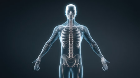 This digital illustration showcases a detailed representation of the human skeletal structure with glowing and transparent features, perfect for educational purposes in biology and health fields.の素材