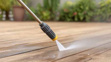 A close-up view of a pressure washer wand effectively cleaning wooden deck boards with a fine water spray. The setting features vibrant greenery, highlighting maintenance.の素材
