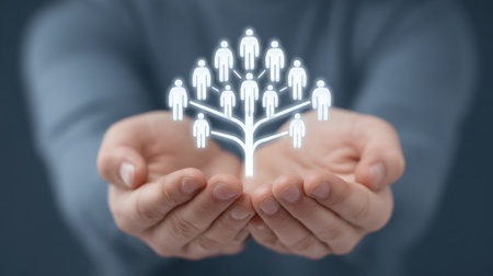 Two hands cradle a digital tree featuring multiple figures, symbolizing collaboration, community growth, and teamwork in a modern business context.の素材