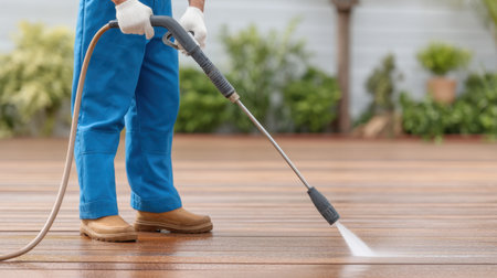 A person uses a pressure washer to clean a wooden deck outdoors, showcasing safety gear and maintenance techniques in a residential back garden setting.の素材