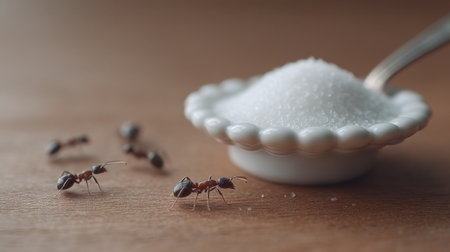 A captivating close-up shot capturing sugar ants interacting with granulated sugar on a wooden surface, highlighting the beauty of nature in small details and everyday life.の素材