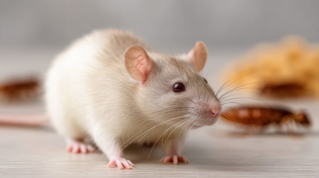 An adorable white rat with expressive brown eyes explores its surroundings on a light surface, surrounded by natural elements and insects in a charming setting.の素材