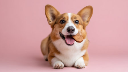 A charming corgi dog poses adorably with a cookie in its mouth, radiating joy against a pink backdrop, perfect for capturing the essence of playful pet moments.の素材