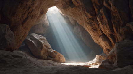Captivating cave interior with soft light filtering through an opening, creating serene shadows on rugged rock surfaces, inviting exploration and tranquility.の素材