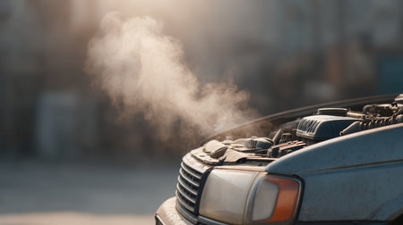 A car with a steaming engine hood, set against a soft background of a workshop, highlights automotive issues and the need for repair in a captivating way.の素材