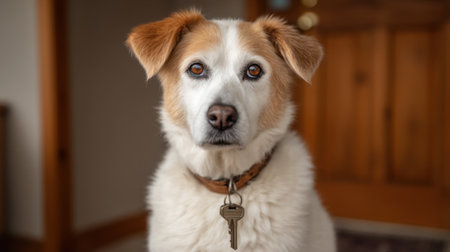 A charming dog sits indoors, wearing a key as an accessory. Its curious gaze adds a sense of warmth to the cozy atmosphere of the home. Perfect for pet lovers.の素材