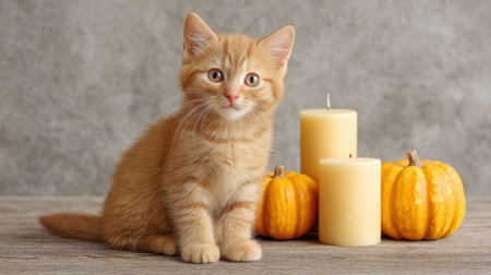 This charming image features a cute orange kitten sitting gracefully beside small pumpkins and candles, perfect for evoking the cozy feel of autumn celebrations.の素材