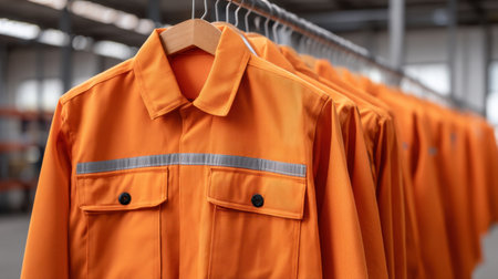 Bright orange work uniforms are displayed neatly in a warehouse, emphasizing their role in safety and professionalism within industrial environments.の素材
