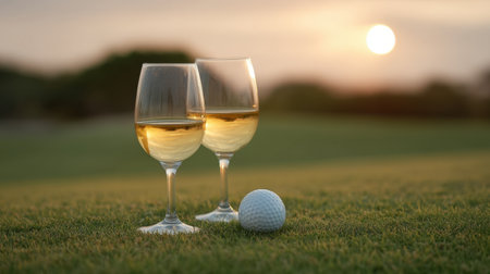 Two beautifully filled glasses of white wine sit on a lush green field beside a golf ball, framed by a stunning sunset. Perfect for leisure and relaxation.の素材