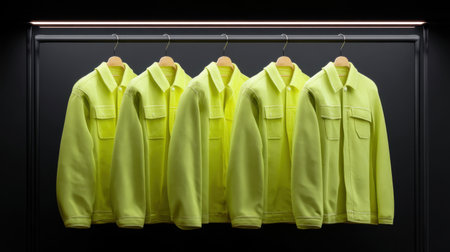 Vibrant yellow jackets are displayed in a modern setting, showcasing the latest trends in outerwear fashion suitable for casual and stylish occasions.の素材