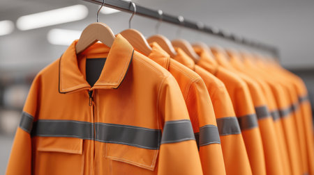 Brightly colored orange safety jackets are displayed on a rack in a modern warehouse, showcasing work apparel that combines visibility and protection for various industrial settings.の素材