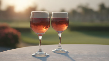 Two elegant glasses filled with rose wine are placed on a table, set against a blurred outdoor background during a stunning sunset, evoking warmth and relaxation.の素材