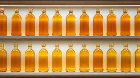 A visually appealing arrangement of clear glass bottles filled with golden liquid, displayed on lighted shelves, showcasing modern design and elegance in beverage storage.の素材
