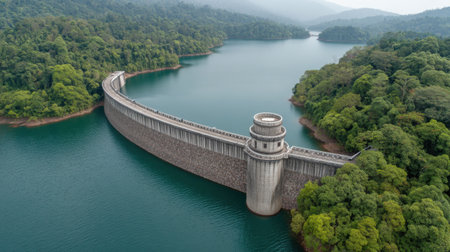 This stunning aerial image captures a modern dam nestled in a verdant forest. The serene water, lush greenery, and misty sky create a tranquil natural scene perfect for environmental projects.の素材