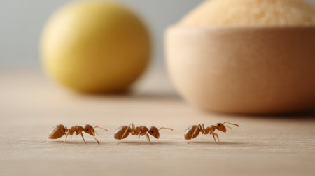 Tiny ants navigate a wooden surface, accompanied by a blurred bowl of sugar and lemon in the background, showcasing a beautiful moment in nature.の素材