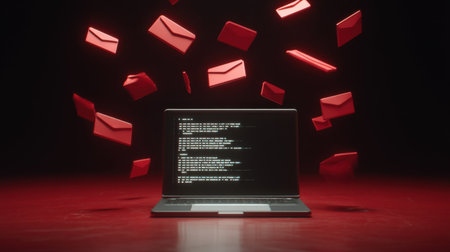 A modern laptop displaying code on its screen is surrounded by floating red envelopes, creating a striking visual representation of digital communication and innovation.の素材