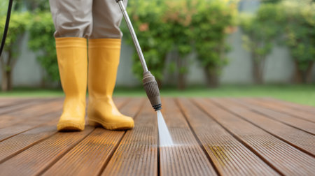 A person stands on a wooden deck, using a pressure washer to clean the surface. Bright yellow boots contrast with the natural greenery in the outdoor setting.の素材