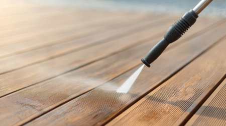 A high-pressure water nozzle is cleaning a wooden deck, effectively removing dirt and grime to rejuvenate the surface in a warm, sunlit outdoor setting.の素材