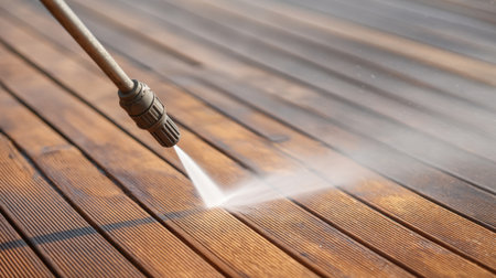 A close-up shot of a pressure washing tool spraying water onto wooden deck boards, highlighting the cleaning process that restores surfaces and enhances outdoor spaces.の素材