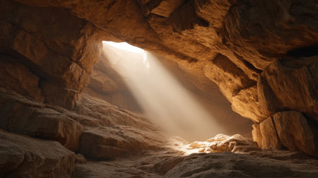 A captivating view of sunlight streaming through the opening of a cave, casting beautiful light rays into a natural stone environment, creating a serene atmosphere.の素材