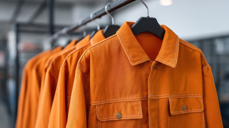 A vibrant collection of stylish orange jackets hanging in a modern retail space, perfect for showcasing the latest trends in casual wear and seasonal fashion.の素材