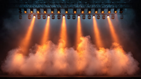 A captivating scene featuring stage lighting with vibrant colored beams piercing through smoke, creating an enchanting atmosphere perfect for performances and events.の素材