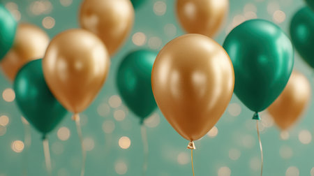 Delightful party balloons in gold and green create a cheerful atmosphere, perfect for celebrations, events, and photography. Vibrant and festive backdrop with bokeh.の素材