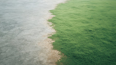 This image showcases the stark contrast between parched dry soil and vibrant green grass, illustrating the transition from drought to flourishing vegetation, capturing natural beauty.の素材
