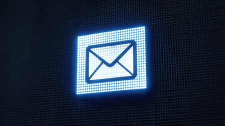 A bright blue glowing email icon displayed on a modern digital screen, representing digital communication, messaging applications, and connectivity in a tech-oriented environment.の素材