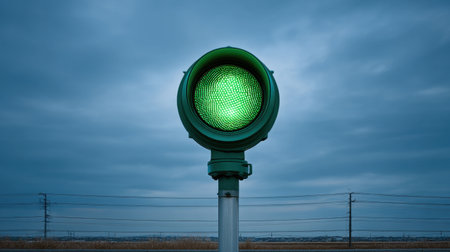A green traffic signal glowing vividly against a cloudy sky, symbolizing safe passage for vehicles on a roadway, with power lines adding an urban element to the scene.の素材