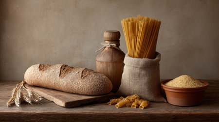This image showcases a rustic kitchen setting featuring freshly baked bread, pasta, and wheat. Ideal for food photography, it emphasizes natural ingredients and culinary tradition.の素材