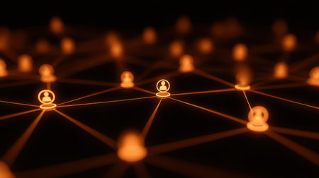 An abstract illustration depicting glowing orange user icons connected through lines in a dark setting, showcasing the concept of digital social interaction and connectivity.の素材