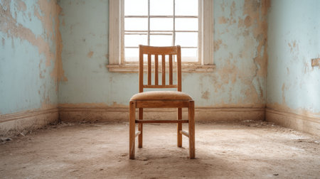 This image features a rustic wooden chair positioned in an empty room, highlighting worn blue walls and a dusty floor, creating a serene atmosphere of abandonment and stillness.の素材