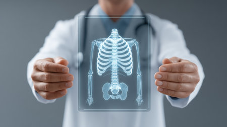 A focused medical professional displays an innovative digital hologram of a human skeleton, highlighting anatomical details in a clinical setting to enhance education.の素材