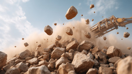 A powerful construction machine breaks rocks at a worksite, sending dust and debris into the air. This image captures the dynamic nature of industrial activity.の素材