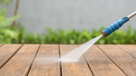 The image captures a pressure washer nozzle spraying a fine mist of water onto a wooden deck, with vibrant green foliage in the background, perfect for cleaning and maintenance themes.の素材