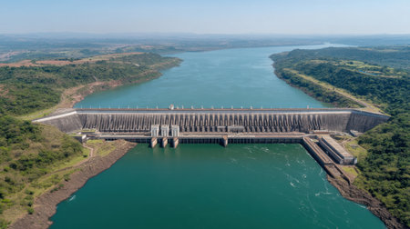Majestic aerial view showcasing a concrete dam amidst serene water and bordering green hills, illustrating the blend of technology and nature in a tranquil setting.の素材